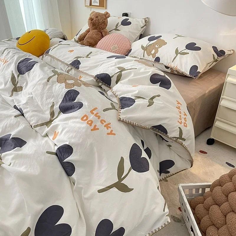 Bedding Set  Girls Cherry  Soft Washed Cotton Bed Sheet Queen King Size Duvet Set  Comforter Set Pillowcase Bed Linens
