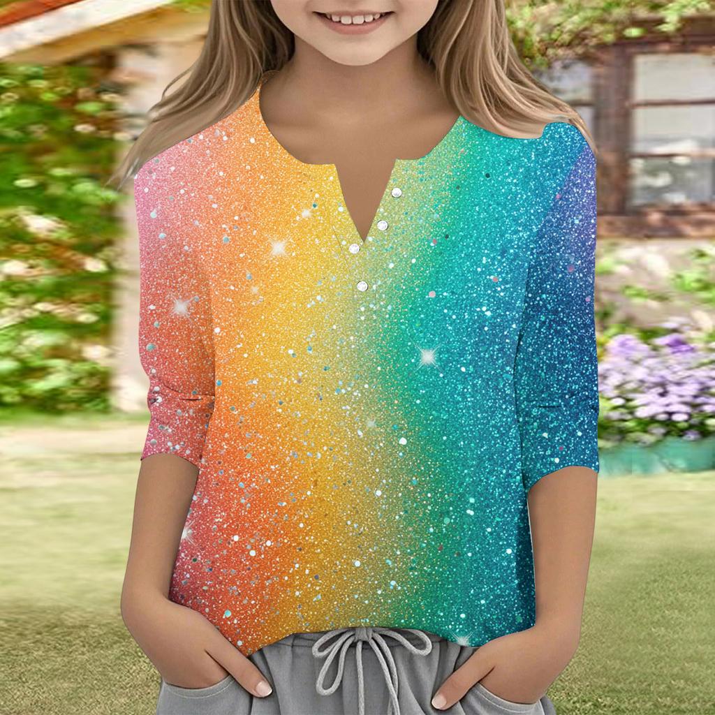 Print Tops For Youth Girls V Neck Button 3/4 Sleeves T-Shirts Trendy Tops Outfit Tees