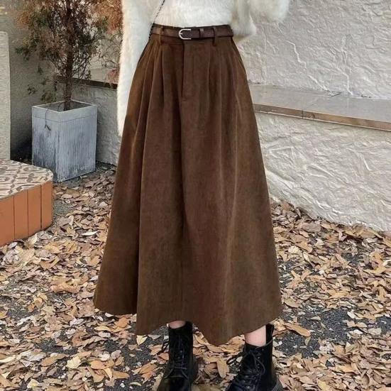 Women Skirt High Waist A-Line Large Hem Design Midi Skirt Solid Color Autumn Winter Draped Skirt Daily Wear