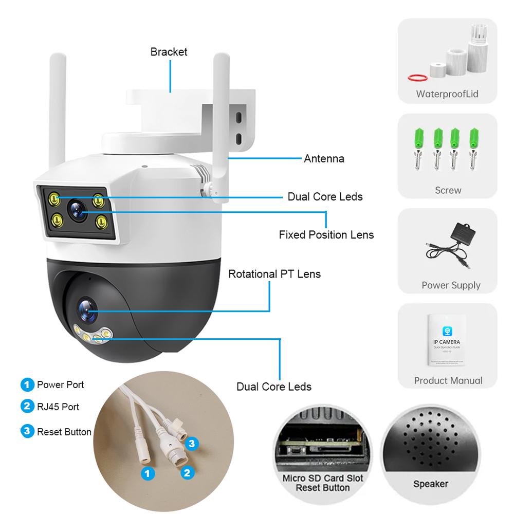 Câmera WIFI de 4 MP com lente dupla IP66 à prova d'água sem fio com rastreamento automático PTZ, vigilância de segurança, visão noturna, câmera IP