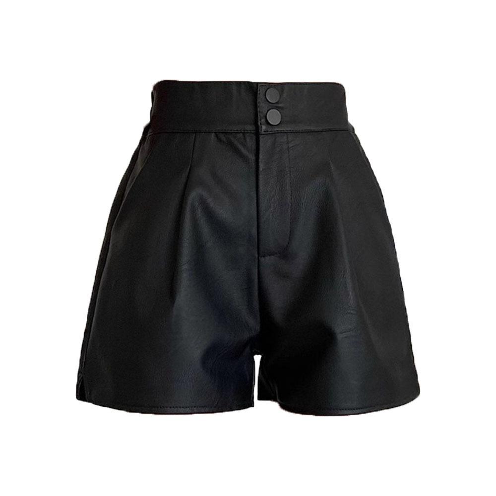 Black Hot Woman Short Pants Baggy Elastic Waist Shorts Fashion High Waist Leather Shorts  Summer