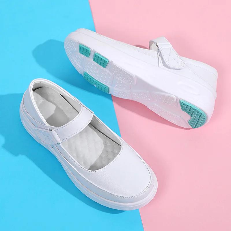 Fashion Leather Air Cushion Nurse Shoes Soft-Soled Women White Medical Shoes Breathable One-Step Flat Non-Slip Walking Sneaker