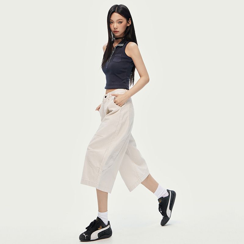 Trendy Summer Vintage High Waist Loose Straight Curved Cropped Capri Denim Pants For Women Versatile Slimming FigureFlattering Casual Denim Bottoms