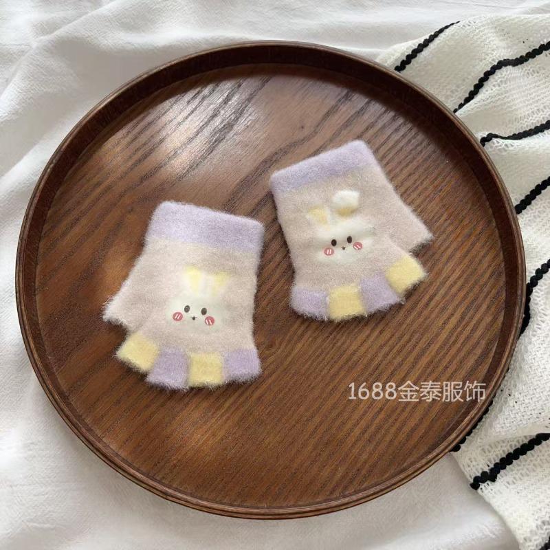 - Years old, baby half-finger gloves autumn and winter cartoon five-finger color matching bunny cute warm writing half-finger