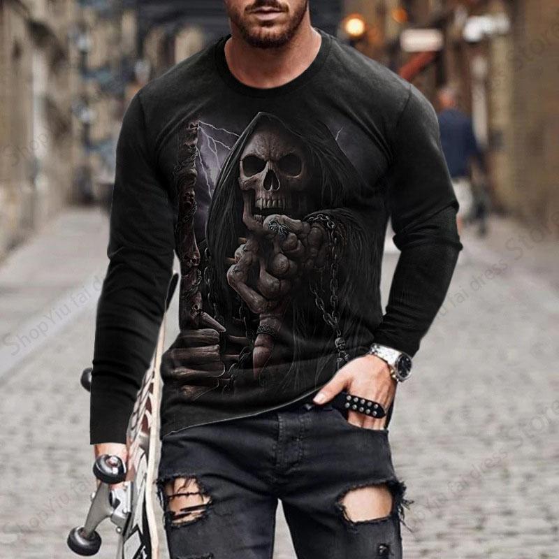 Halloween Men's Long Sleeve T-shirt 3d Skull Skeleton Print Graphic T Shirts Men Fashion Hip Hop Tops Tees Men's Clothing Horror