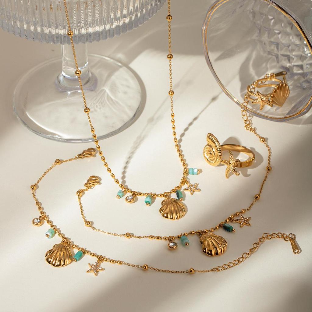 Francouzský Retro 18k Zlato & Nerezová Ocel Amazonit Mušle Hvězda Přívěsek Náhrdelník - Lehký Luxusní Šperk