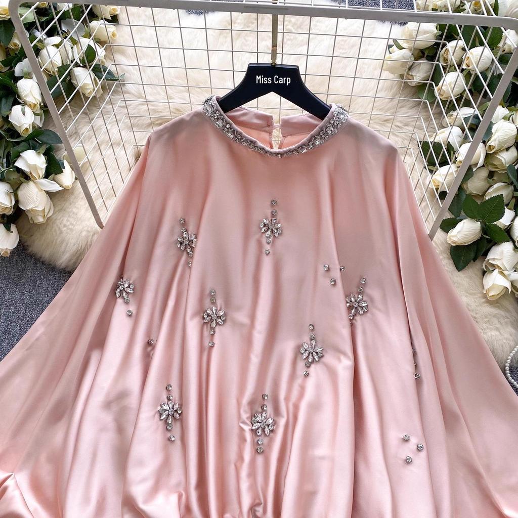 European & American Heavy Rhinestone Lantern Sleeve Satin Top - Women's Autumn Loose Waist Top