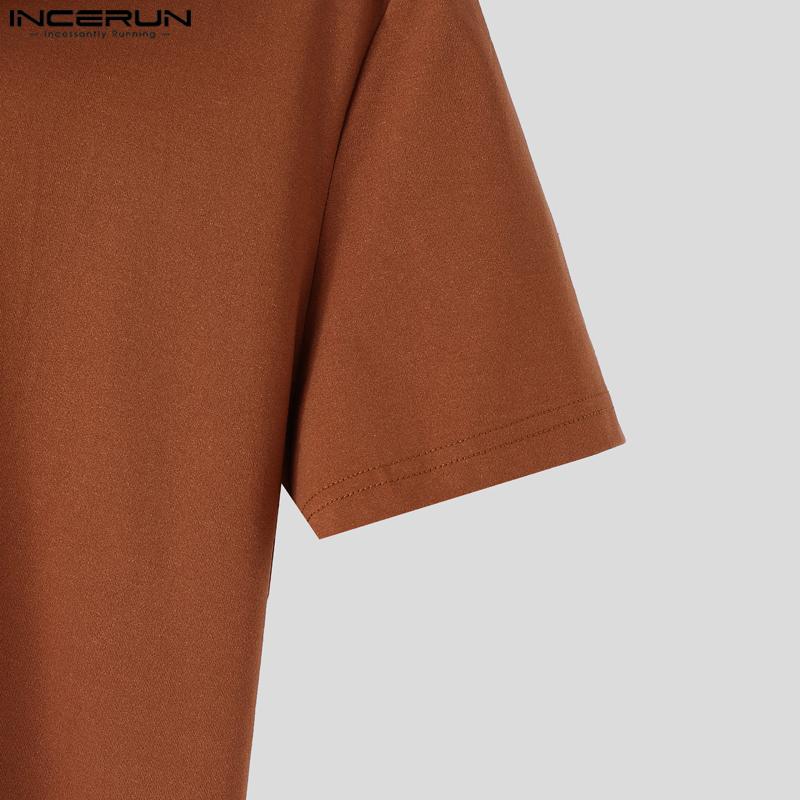 INCERUN Summer Men Drawstring Neck Short Sleeves Casual Fitted Tee Tops