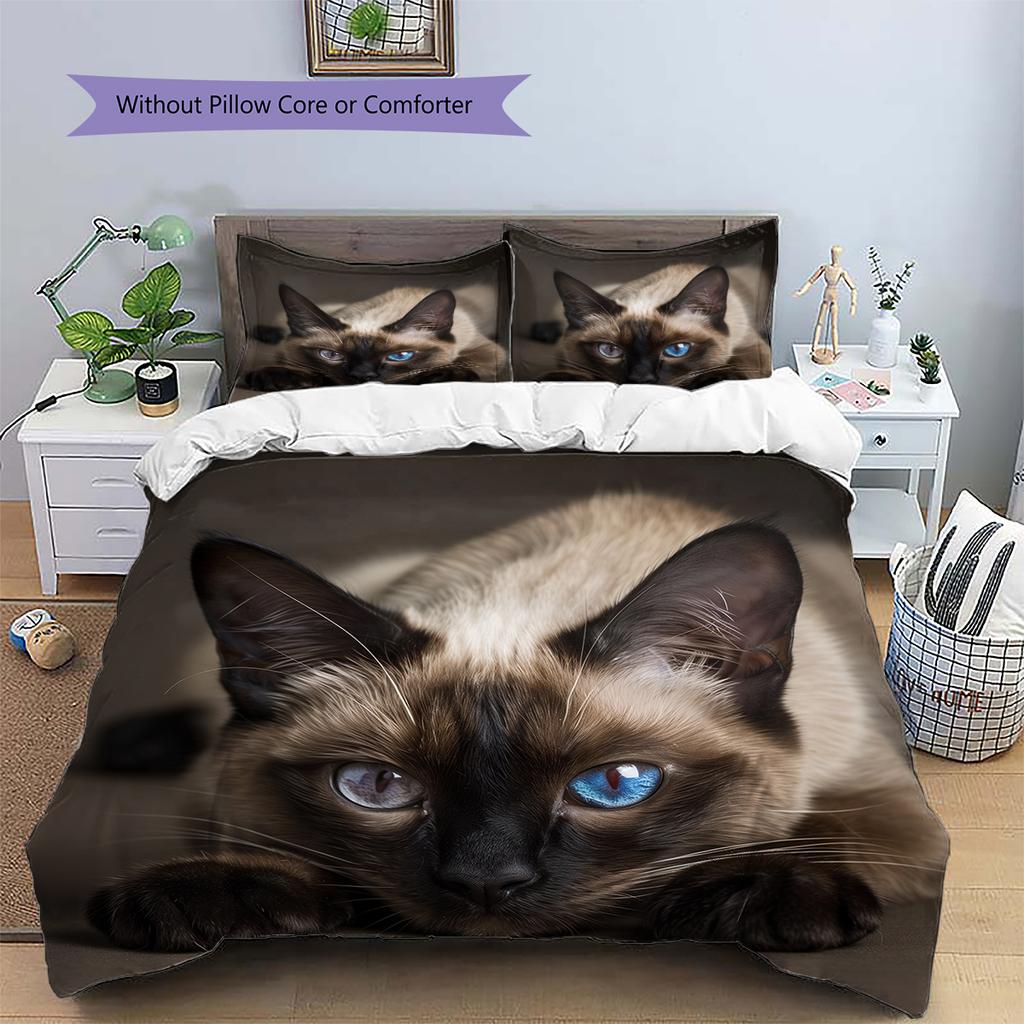 Black Siamese Cat Pattern Bedding Home Decoration Birthday Gift (1 * duvet cover + 2 * pillowcase, without core)