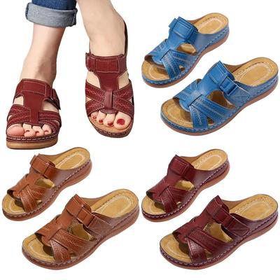 2024 Yaz Kadın Kama Sandaletler Premium Ortopedik Açık Burun Sandaletler Vintage Kaymaz Deri Günlük Kadın Platform Retro Ayakkabılar