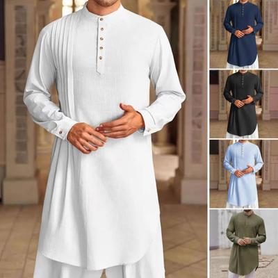 Men's Cotton Linen Kaftan Long Sleeve O-Neck Robe Solid Color Button-up Collar Thobe Breathable Arabic Clothing for Prayers Casual Wear