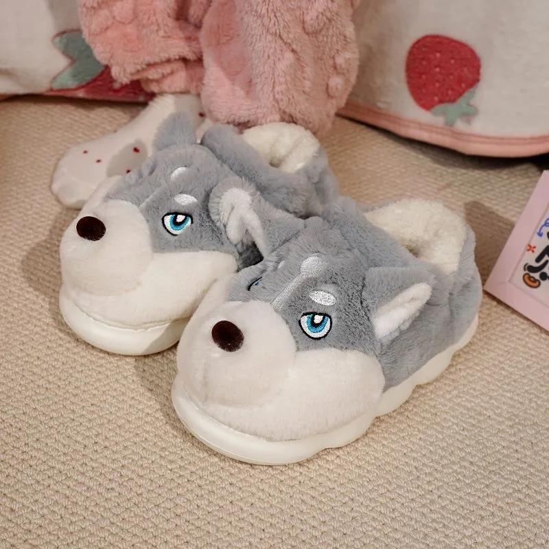 Fashion Women Indoor Cotton Slippers Cute Cartoon Dog Winter Warm Shoes Couples Home Floor Slides Anti-slip  Female Male House Footwear
