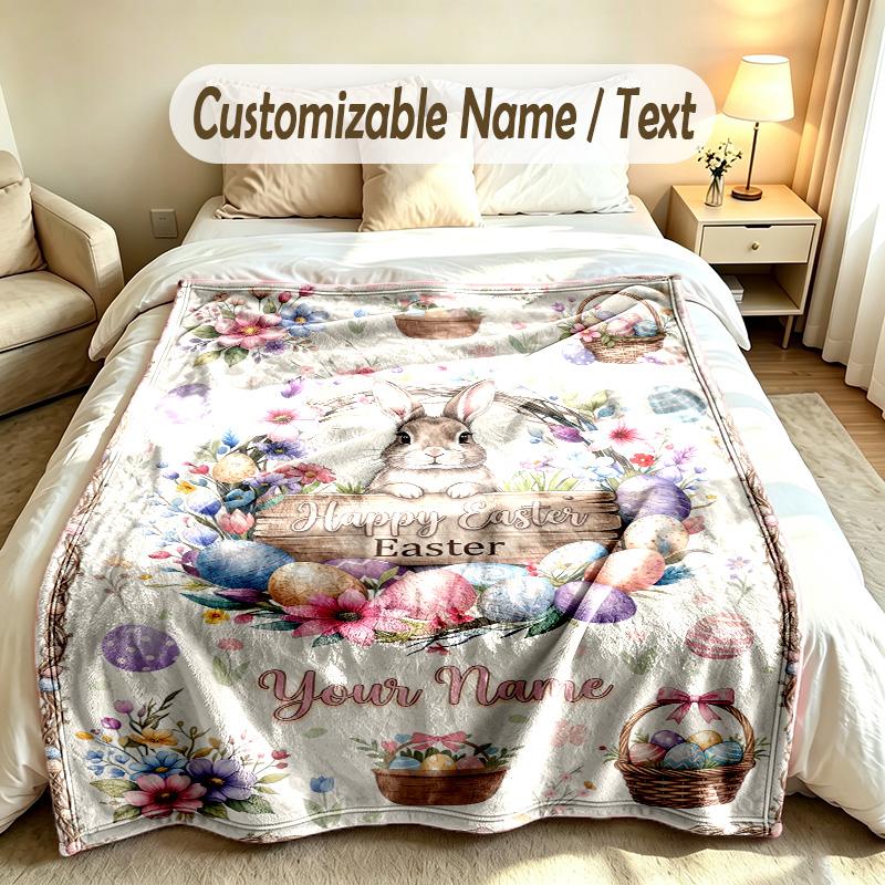 Easter Bunny Theme Soft Blanket Personalized Custom Name Text Print Warm Blanket Home Sofa Bedroom Decor