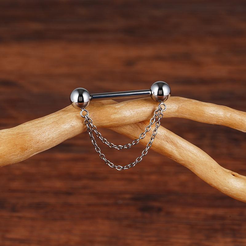 Right Grand ASTM F136 Titanium Threadless Push Pin Nipple Shield Ring with Double Chain Dangle 14G Barbell Piercing Jewelry