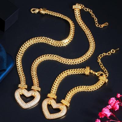 CMM High-Quality Love Heart Pattern Hollow Silver Color/Gold Color and Fine Flashing Zirconia Necklace Bracelet Set