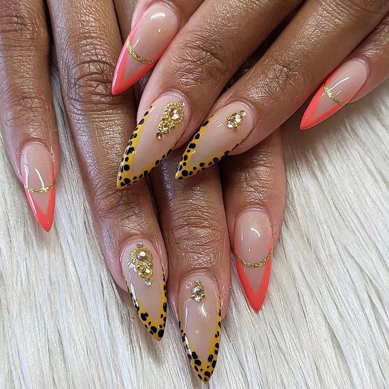 Wear nail piece Leopard print orange red mandarin duck French nail piece Wear nail removable manicure