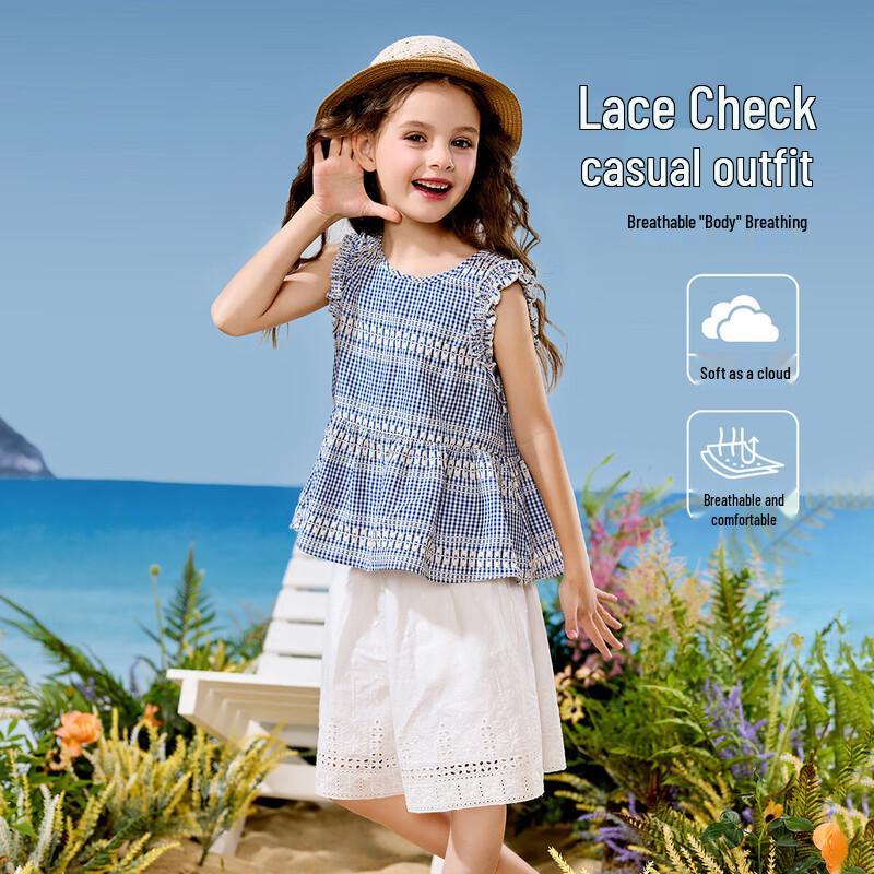 ASK JUNIOR Girls  Summer Ruffled Sleeveless Top & Lace Capri Pants Set 130