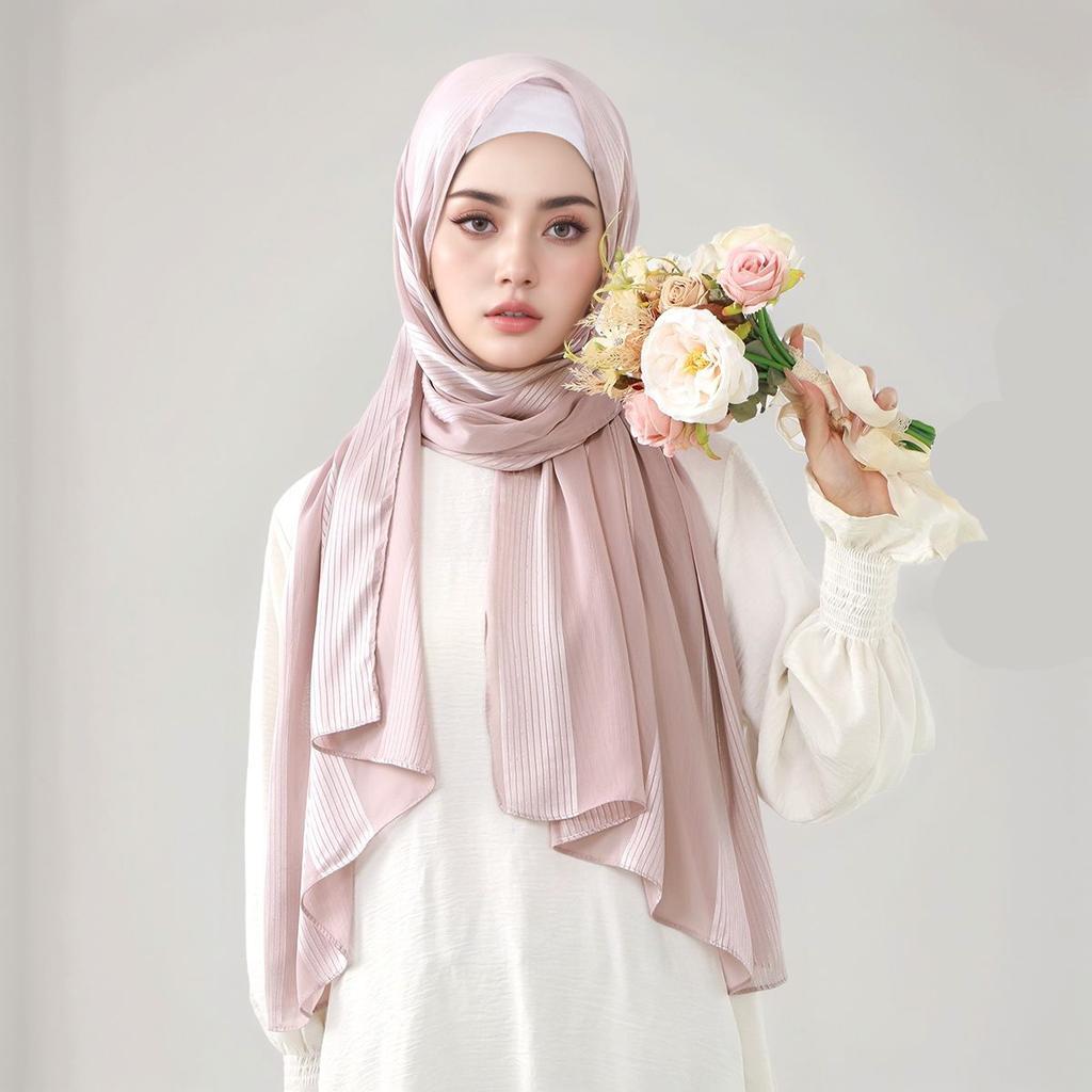 Muslim Pleated Chiffon Hijab Bright Striped Silk Long Scarf For Women Scarves Bandana Headband Headscarf Shawl Woman Turban