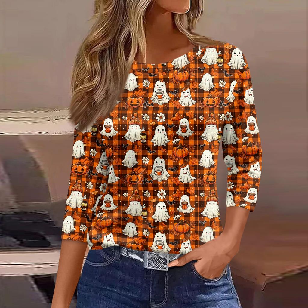 Women's Casual Loose Fit Three Quarter Sleeve Shirt Round Neck Halloween Print T-Shirt Lightweight Comfortable Top