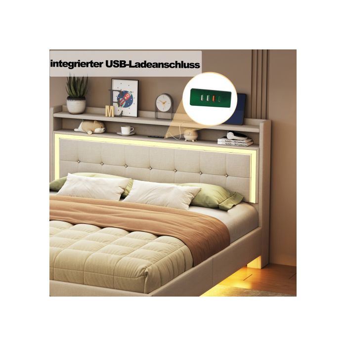 Lit Rembourré - MUVOE - 140x200 Cm - Prise USB - Éclairage LED - Tissu Lin Beige