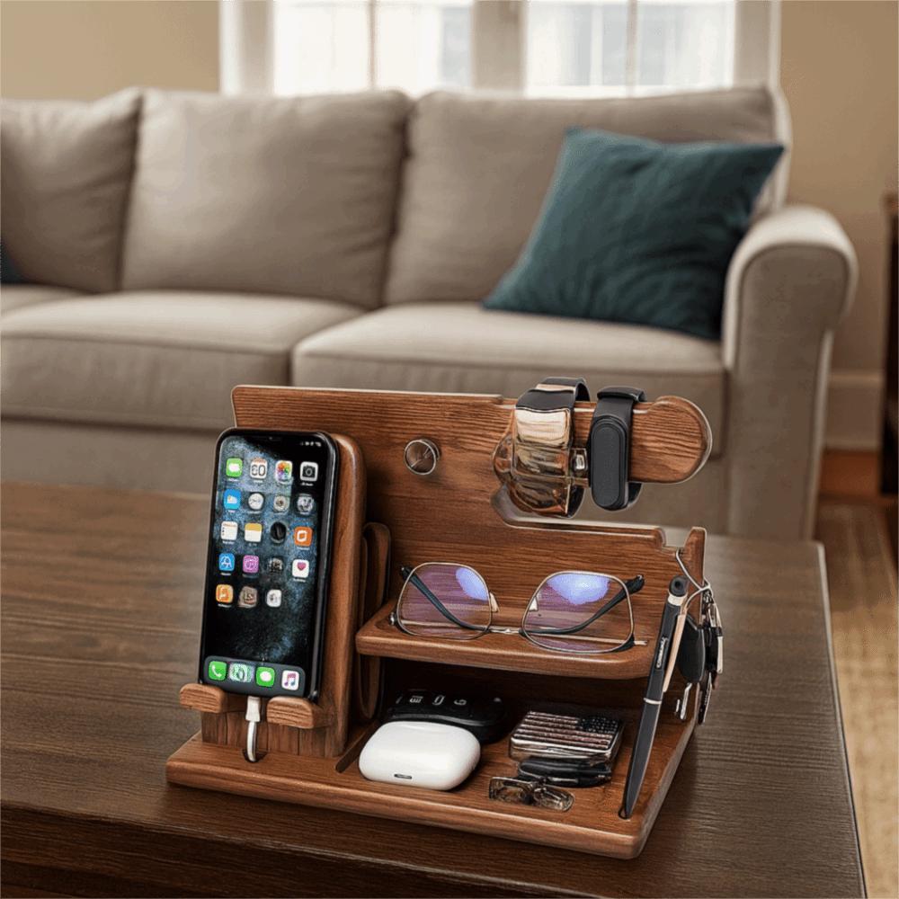 Solid Wood Charging Phone Holder Space Saving Watch Organizer Keychain Wallet Storage Rack Gift