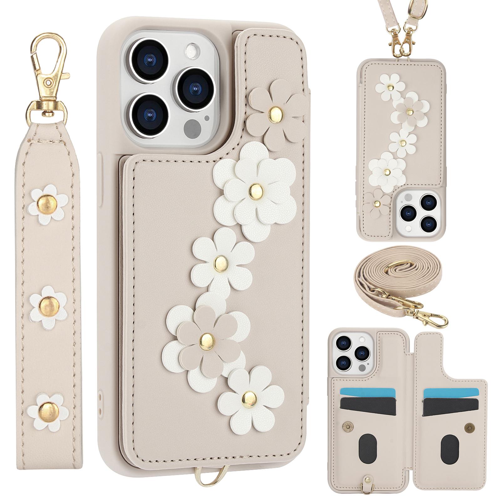 

For iPhone 16 Pro Max Case Card Slots Leather Coated TPU Flower Phone Cover Beige