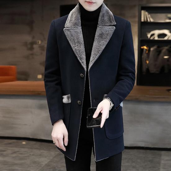 Men Business Jacket Medium Length Single-breasted Solid Color Plush Collar Autumn Winter Woolen Coat Windbreaker Streetwear