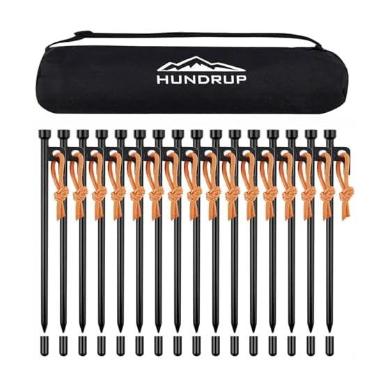 HUNDRUP Pegs 20cm/28cm 8/16 Forged Pegs Laser Welded Rope with Reflective Material Steel Solid Stakes Electroplated Paint Storage Case + Protective