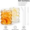 NINU Ribbed Drinking Glass Cups with Glass Straws, Aesthetic Iced Coffee Glasses,Wave Bubble Glasses Tumbler,Ripple Glassware,Beer Glasses for Coctail