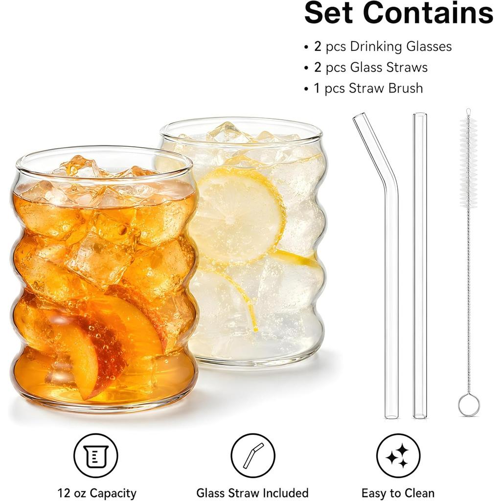 NINU Ribbed Drinking Glass Cups with Glass Straws, Aesthetic Iced Coffee Glasses,Wave Bubble Glasses Tumbler,Ripple Glassware,Beer Glasses for Coctail