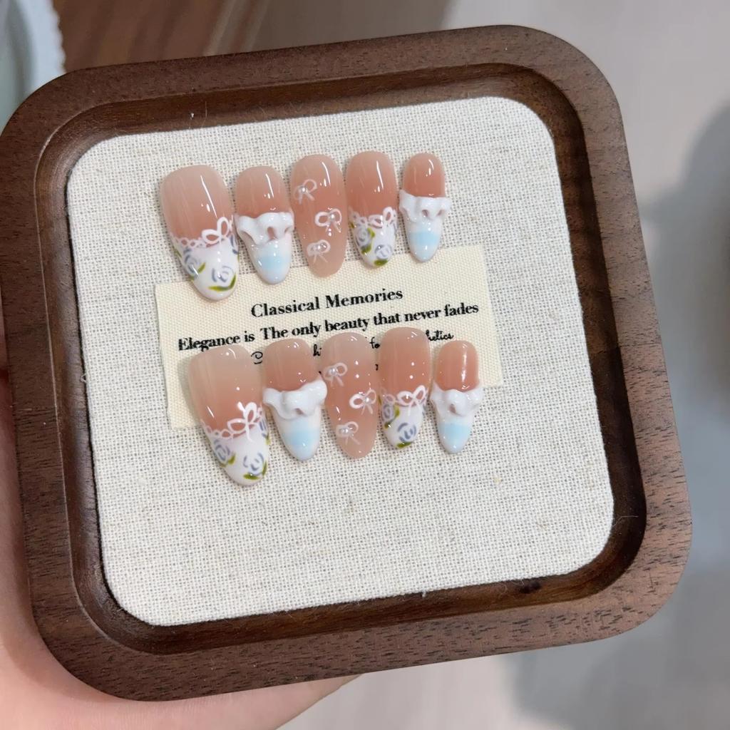10Pcs Cat Eye Oval Handmade Press On Nails White Flower Design Reusable Fake Nails Stick On False Nail Tips