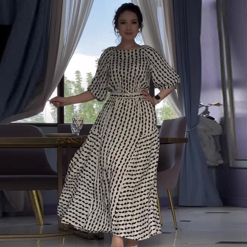 

2024 Retro Print Women s Summer Dress - Elegant Round Neck Casual Style S чёрный