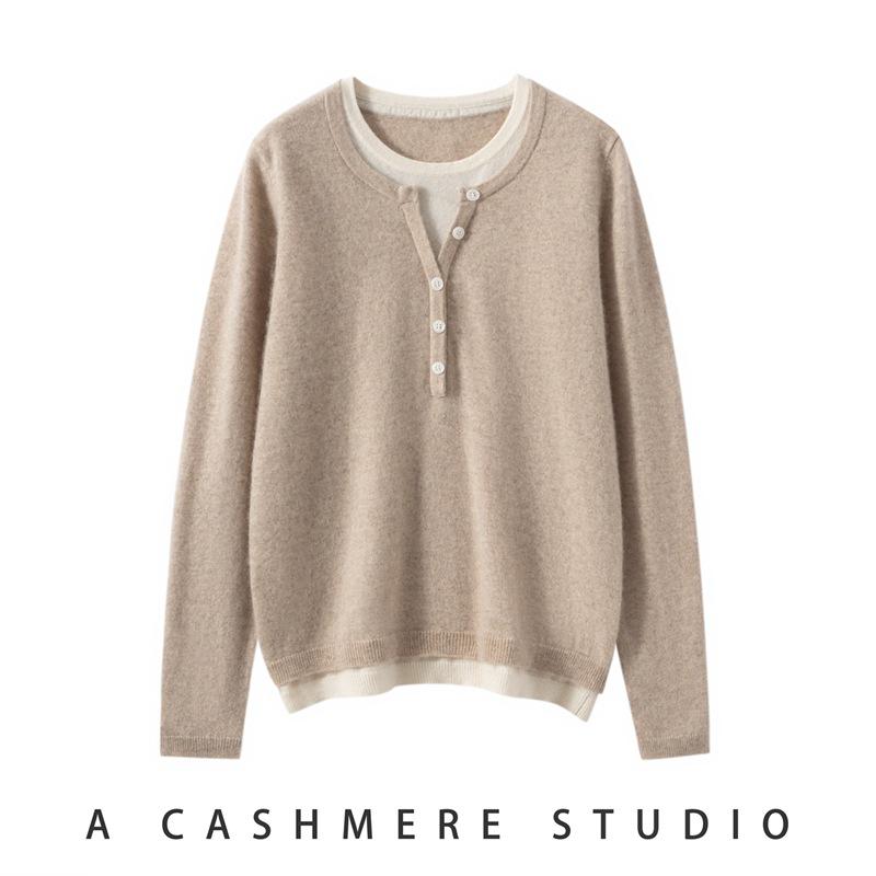 Women's Color Block Cashmere Sweater - 2025 Autumn/Winter Collection - Half-Open Round Neck Pullover