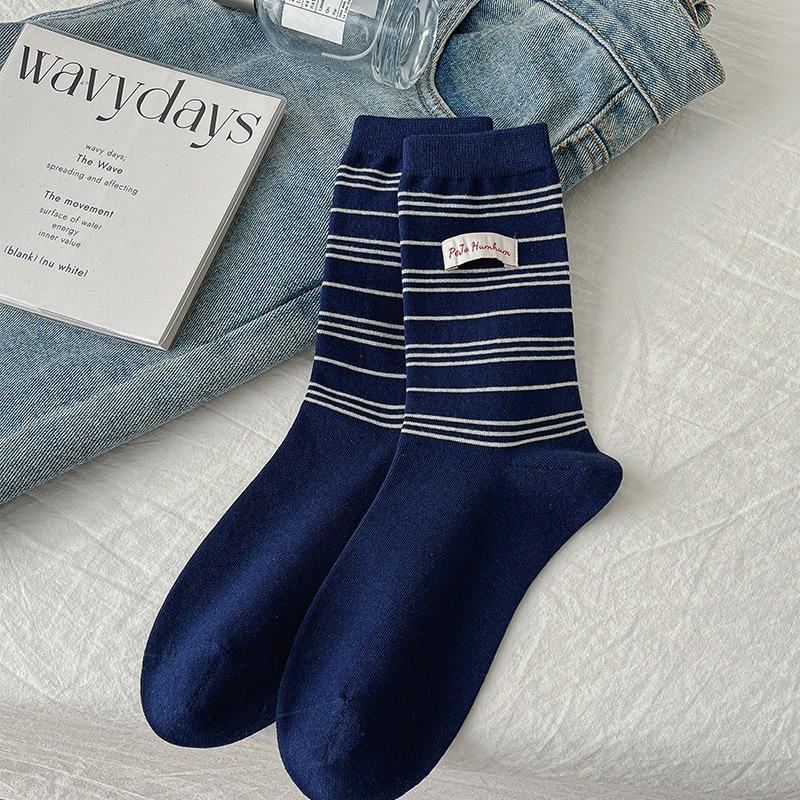 Cloth Label Pinstripe American Retro Trendy Socks Socks Couple Preppy Style Versatile Sports Style Pile Socks