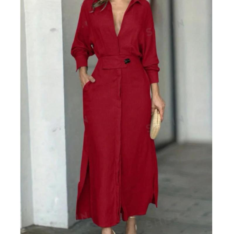 Modekleid für Damen Luxuriös Elegant Einfarbiges Kleid Herbst Party Slip Taschen Langarm Unregelmäßige Hemdkleider