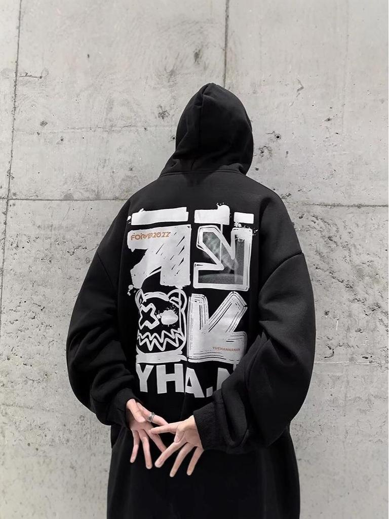 Men's Heavyweight Hooded Sweatshirt - Trendy Autumn/Winter High Street Style, Loose Fit, Velvet Lined.