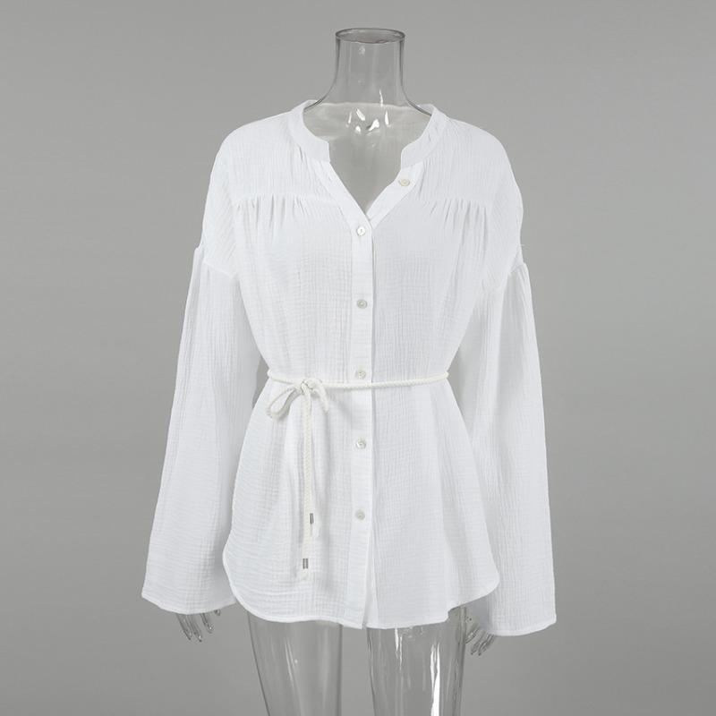

Повседневная однобортная женская рубашка со шнуровкой и круглым вырезом, элегантная однотонная блузка для женщин 2025 года, модная весенняя плиссированная офисная женская рубашка L белый