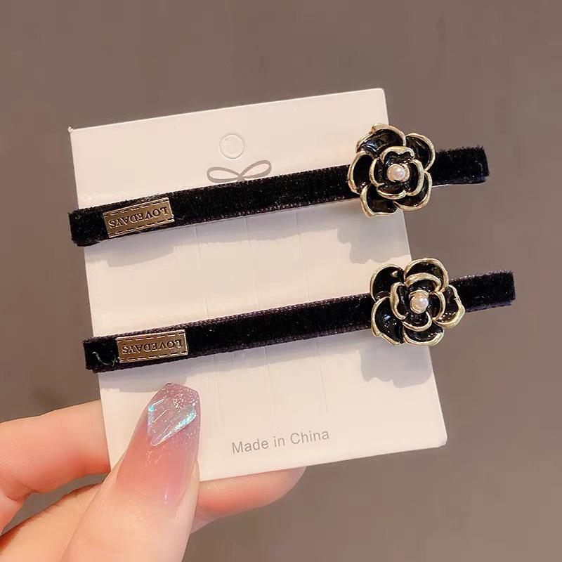 French Vintage Camellia Flower Pearl Velvet Hair Clip Ladies Elegant Side Bangs Hairpins Girls' Hair Accessories