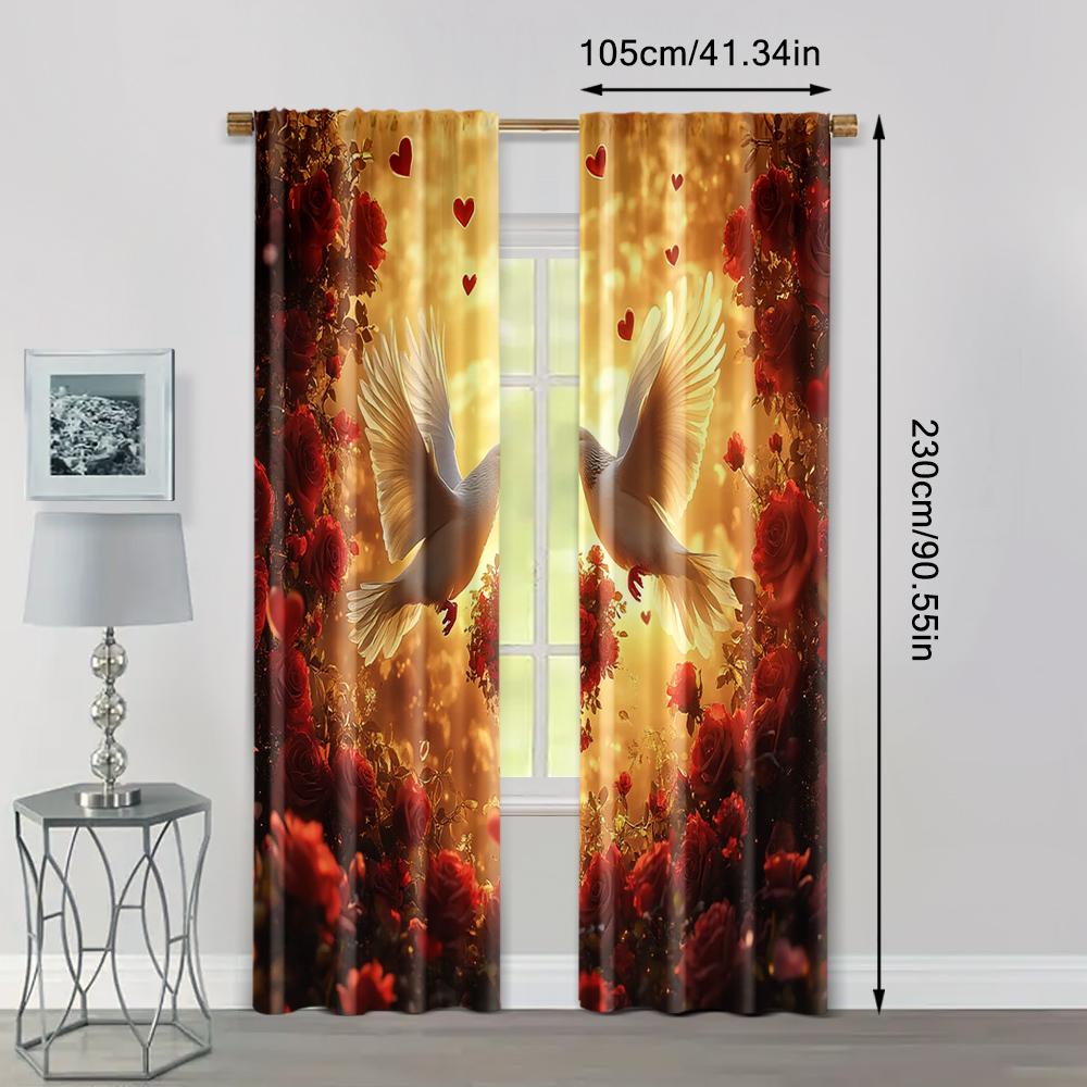 2pc,  Romantic Valentine's Day Window Curtains Romantic White Dove and Red Rose Valentine's Day Heart shaped Sunrise Scene