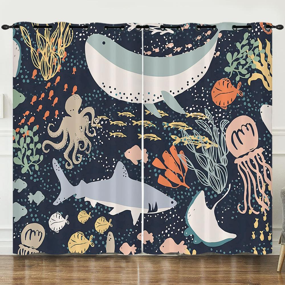 Curtain Illustration Marine Life Shark 3D Digital Printing Blackout Curtain Punching