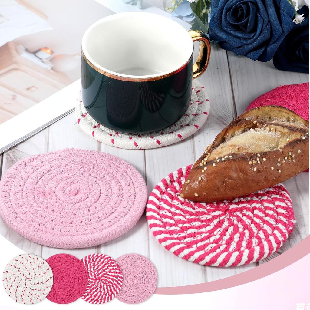 Pink Woven Coasters, 4.13in/10.5cm Round Pink Coaster for Desk Cute Coasters Set of 4 for Kitchen Dining Coffee Table Desk Accessories Aesthetic