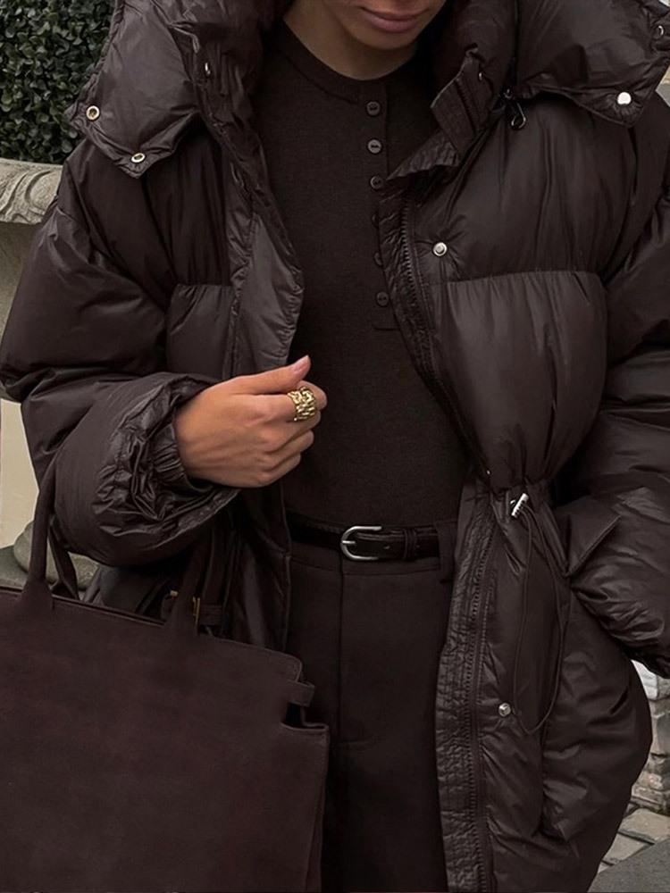 Elegant Solid Color Zipper Hooded Cotton Jacket with Long Sleeves and Pockets - Warm and Thickened for European and American Style.