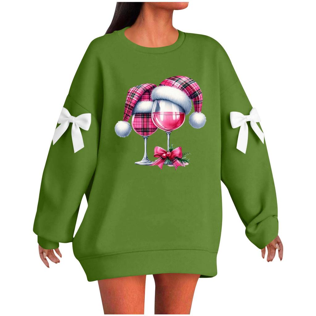 Ladies' Christmas Printed Bow Round Neck Long Sleeved Loose Pullover Sweater Sweatshirt Top