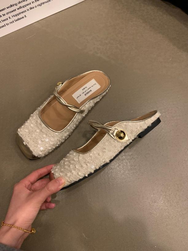 Sequined Silver Bag Head Half Slippers Spring and Summer Temperament Mary Jane Single Shoes Flat Mullers