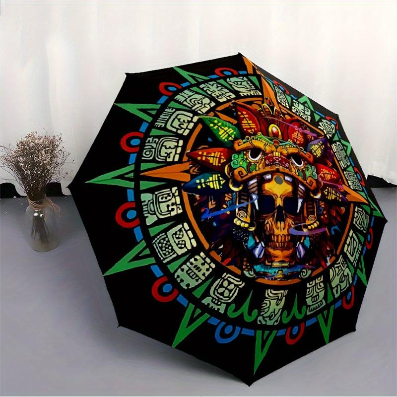 1pc Mayan Calendar Skull Automatic Open/close Umbrella, 8-Rib Sturdy Structure, Portable Travel Umbrella, Parties, Everyday Use, Outdoor Acc