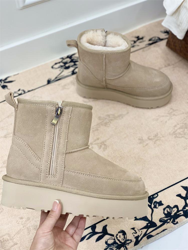 Sangpo Snow Boots Thick-soled Winter New Sheepskin Fur Integrated Side Zipper Short Tube Leather Wool Thermal Cotton Shoes Women