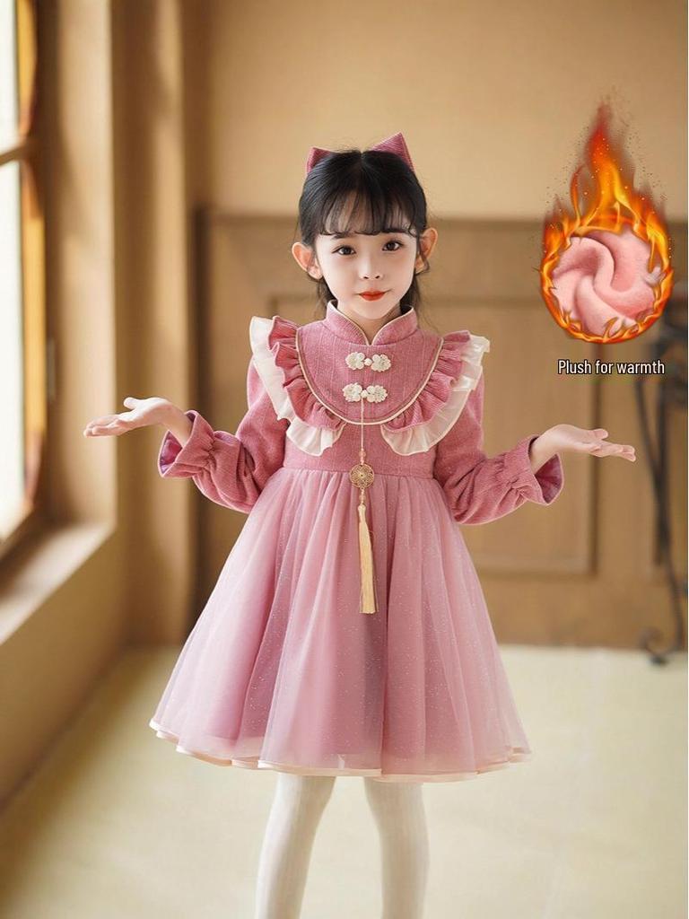 Red Winter Chinese-Style Plush Princess Dress for Girls - New Year's Baby Outfit