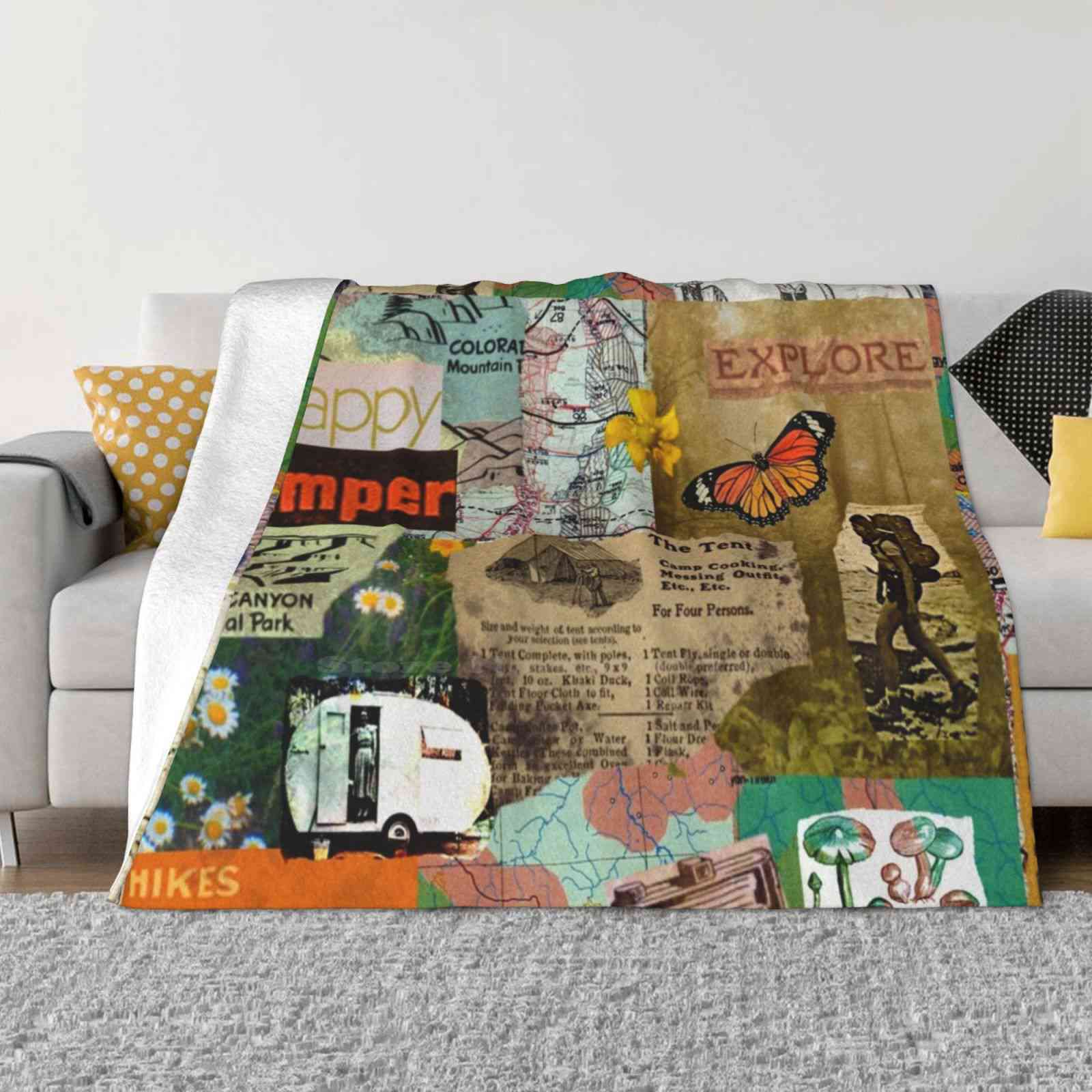 Retro Camping Collage Top Quality Comfortable Bed Sofa Soft Blanket Nature Collage Hiking Adventure Outdoors Wildflowers 30x40in