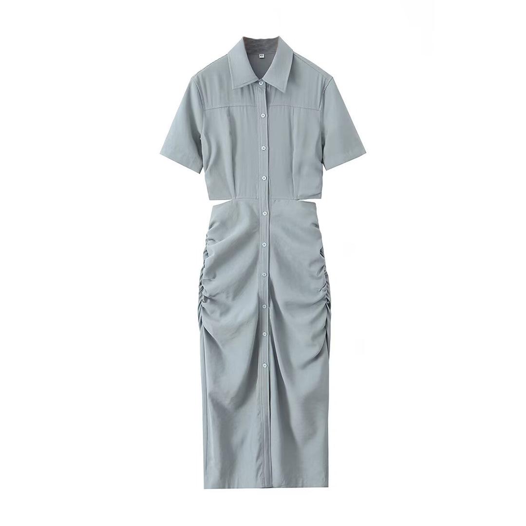 

2025 Весна Женское Европейский и Американский Стиль Короткий Рукав Вырез на Талии Длинное Платье M индиго