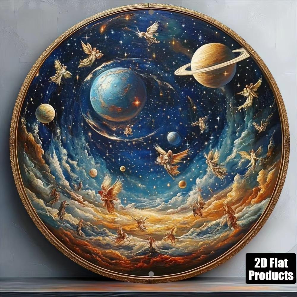 Angel Starry Night Metal Wall Art 8x8 Inch Round Aluminum Panel for Home Bar Decor